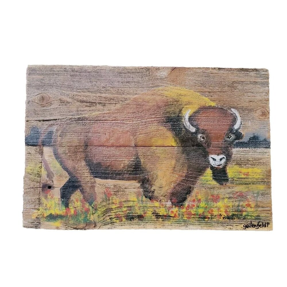 Buffalo Portrait original Oil Painting Larry Geilenfeldt Rustic Reclaimed‎ Wood